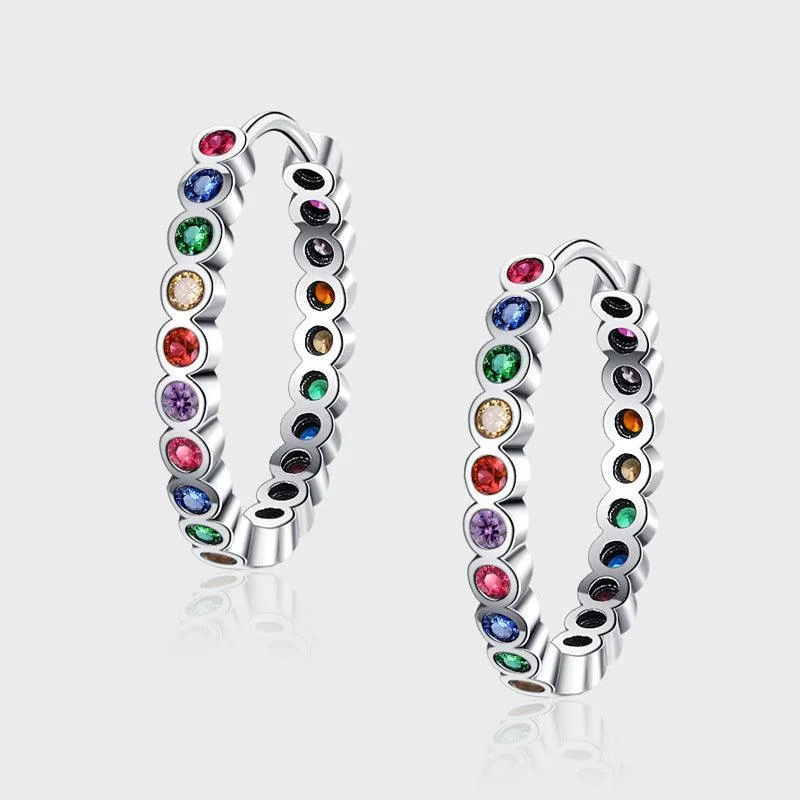 S925 Silver Rainbow Circle Colorful Zircon Earrings Female