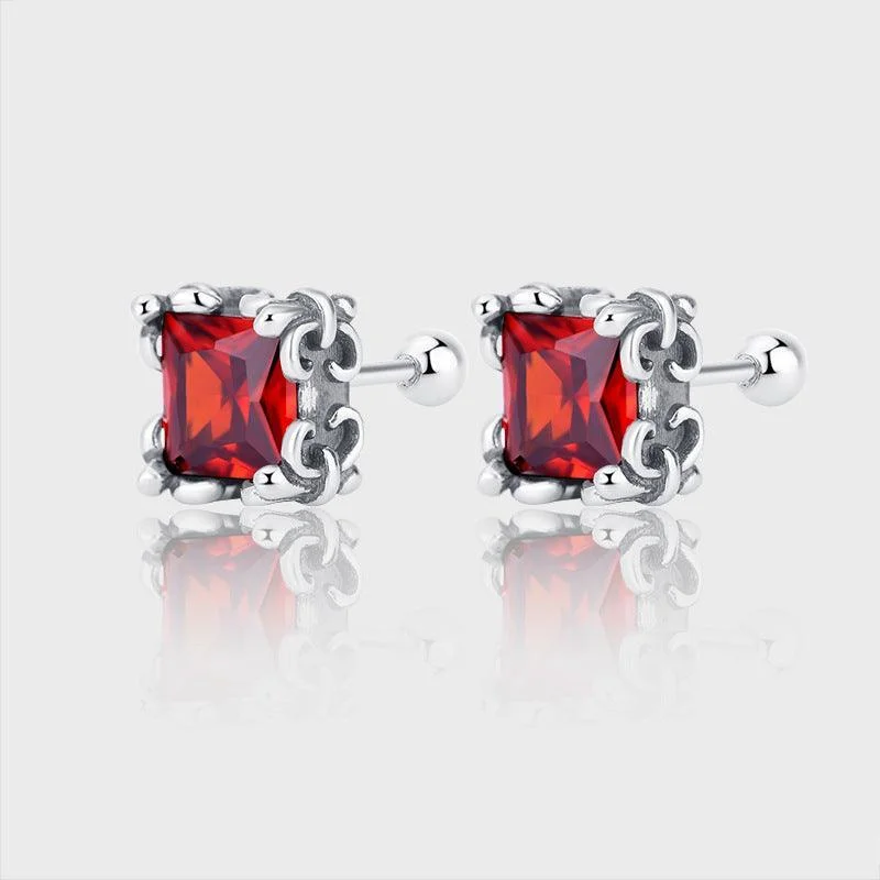 S925 Sterling Silver Square Red Gemstone Retro Earrings