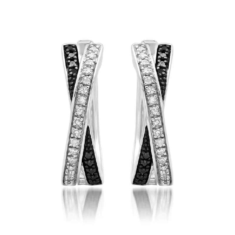 Sterling Silver Black and White Diamond 'X' Hoop Earrings (1/3 cttw, J-K Color, I2-I3 Clarity)