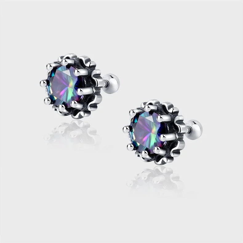 Vintage Inlaid Purple Zircon Crown Silver Screw Earrings