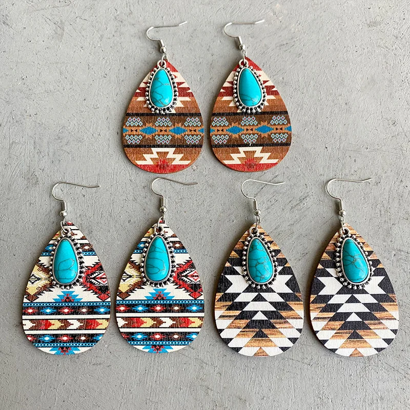 Wholesale 2 Pairs/Pack Turquoise Pendant Vintage Wood Earrings