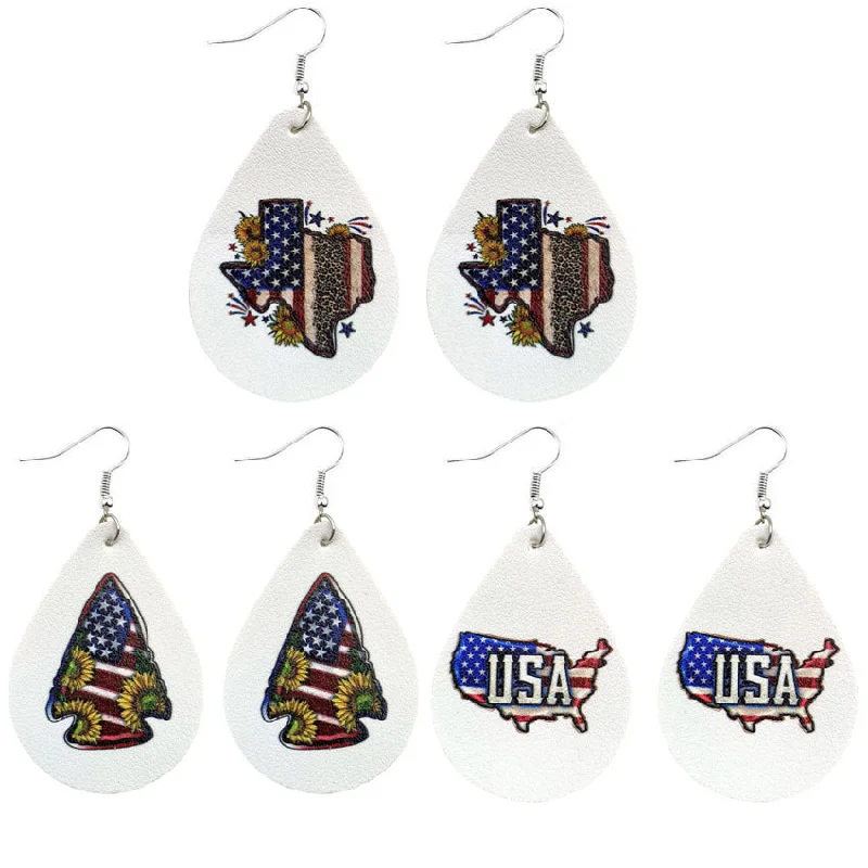 Wholesale American Independence Day Texas Map Arrow Striped Five Pointed Star PU Leather Drop Shape Earrings