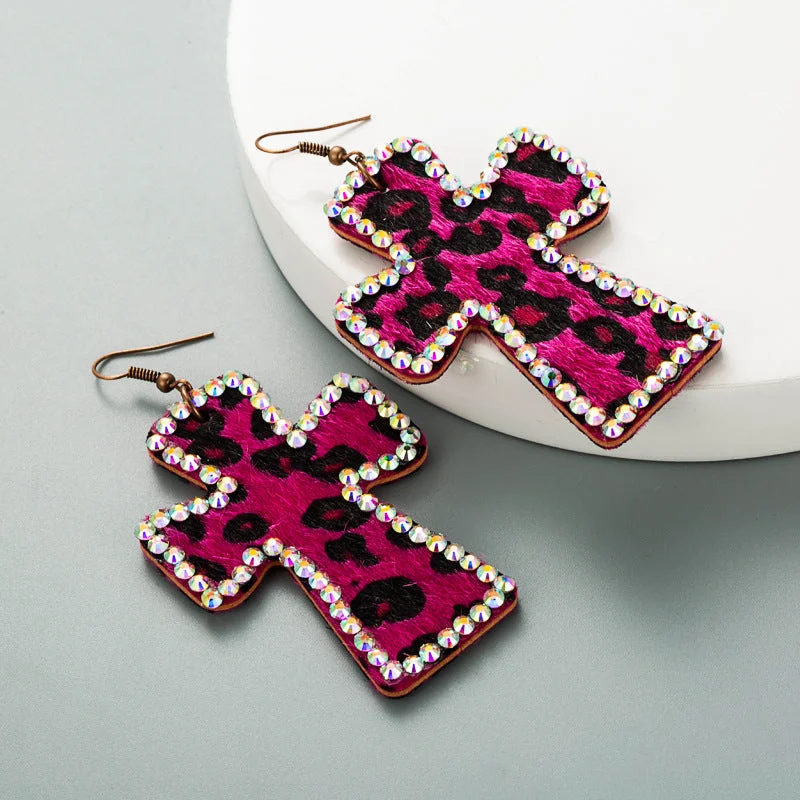 Wholesale Cross Shape Double Sided Printed Leopard Earrings