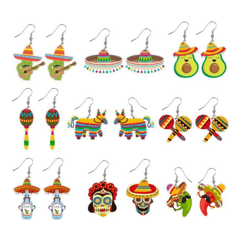 Wholesale Mexican Kalihuala skull pepper paddle rainbow acrylic earrings