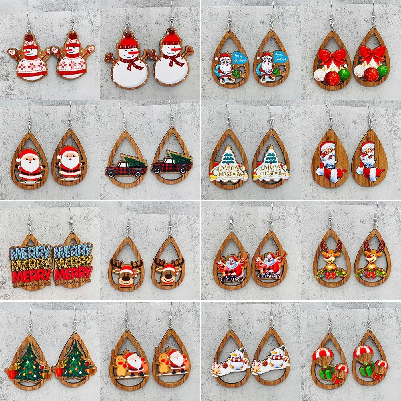 Wholesale Santa Claus Bells Red Car Water Drop Wooden Earrings