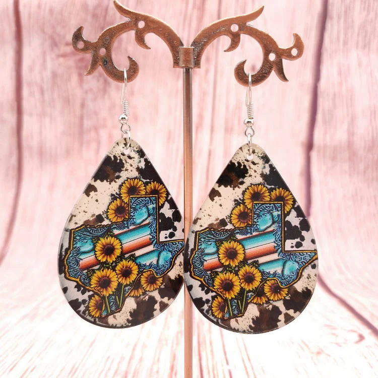 Wholesale Western Style Texas Map Cow Pattern Sunflower Water Drop Acrylic Earrings